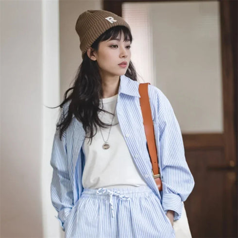 Women's French Striped Shirt – Oversized Blue & White Long Sleeve Blouse, Casual Spring Top